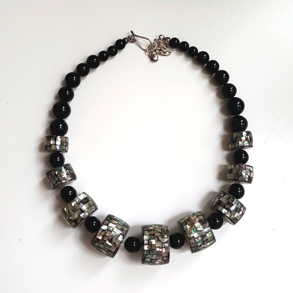 VTG Sajen Mosaik Abalone, Black Onyx Statement Necklace